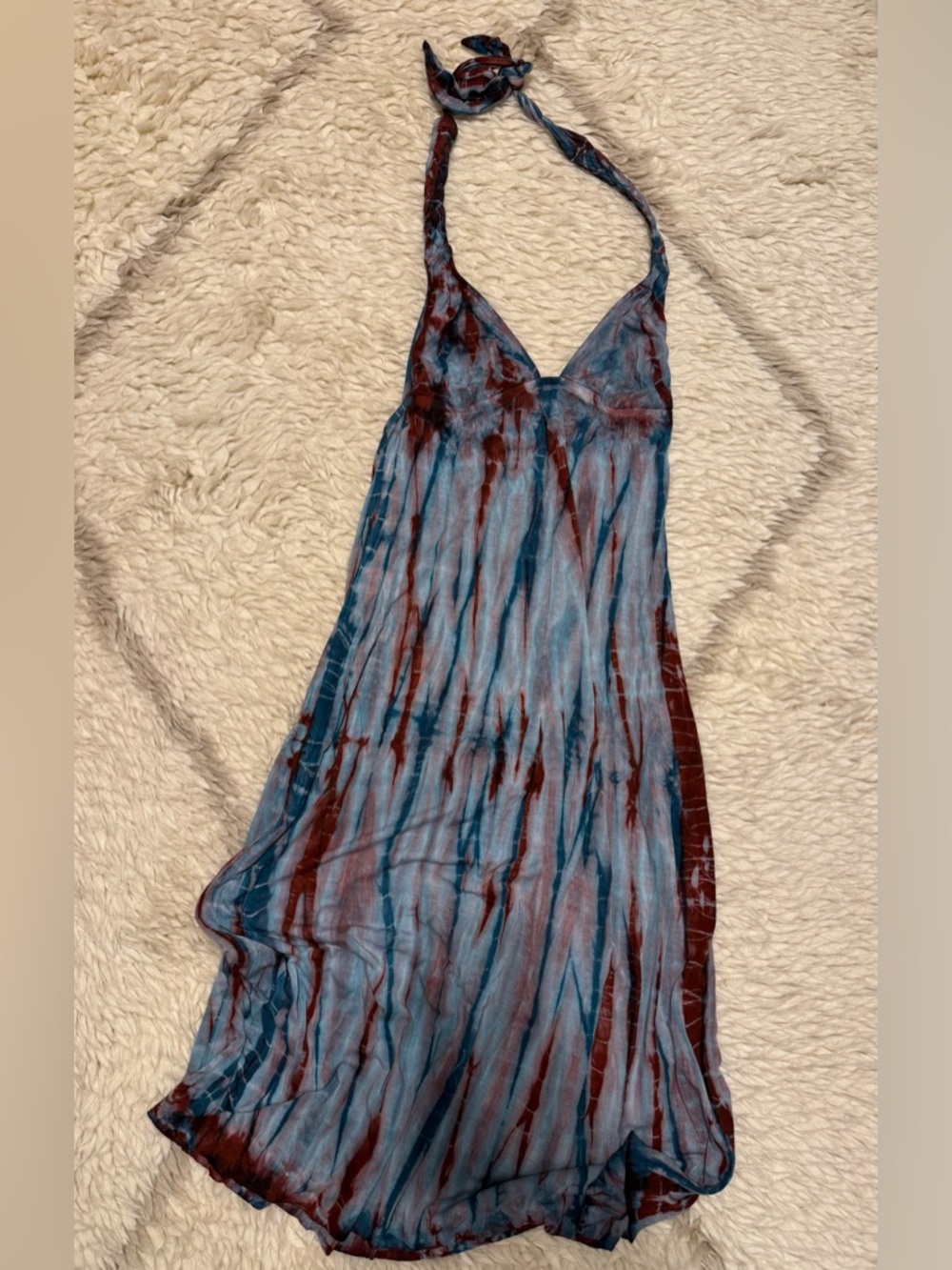 Lucky Brand Blue and Maroon Tie-Dye Halter Maxi Dress